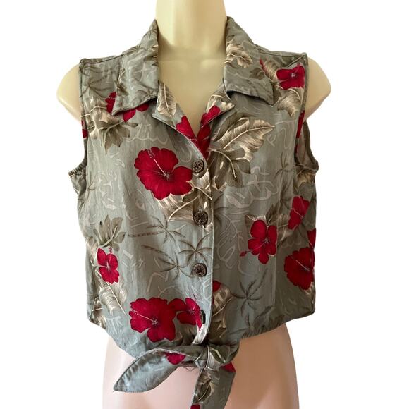 Tiki Reef Club Tropical Print Midriff Cropped Blouse Woman's Medium Vintage Y2K - Picture 1 of 8